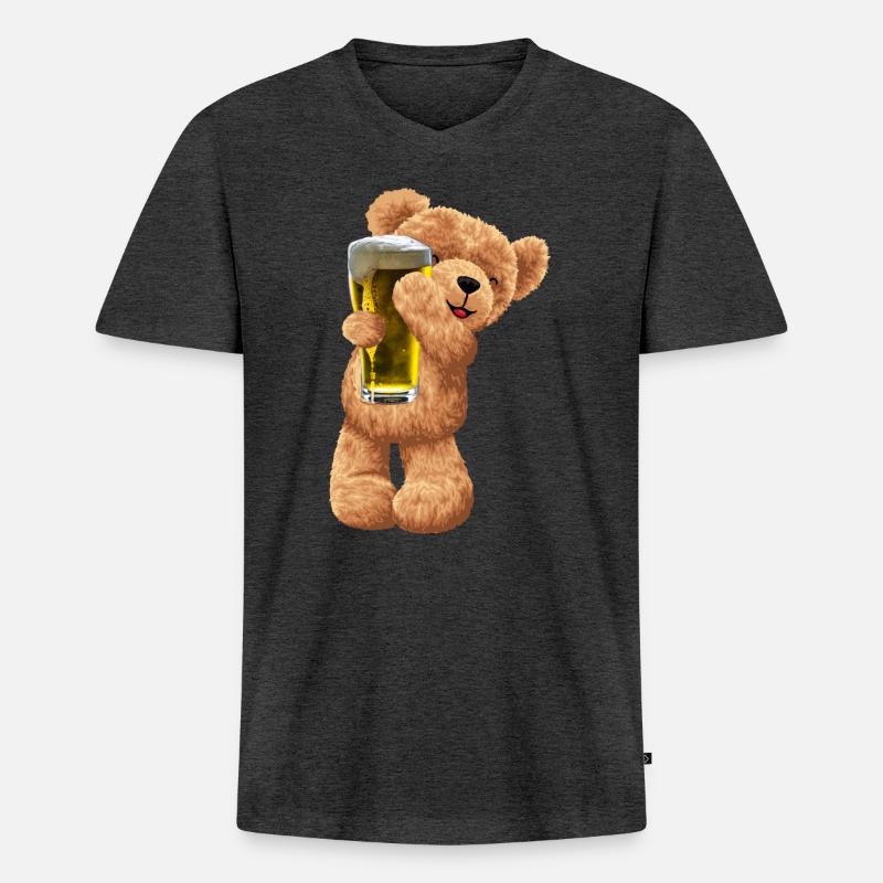 Teddybär Bär mit Bier - Männer Premium Bio T-Shirt mit V-Ausschnitt - Anthrazit meliert
