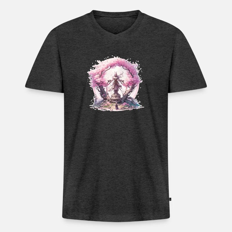 Statue unter einem Kirschblütenbaum - Männer Premium Bio T-Shirt mit V-Ausschnitt - Anthrazit meliert