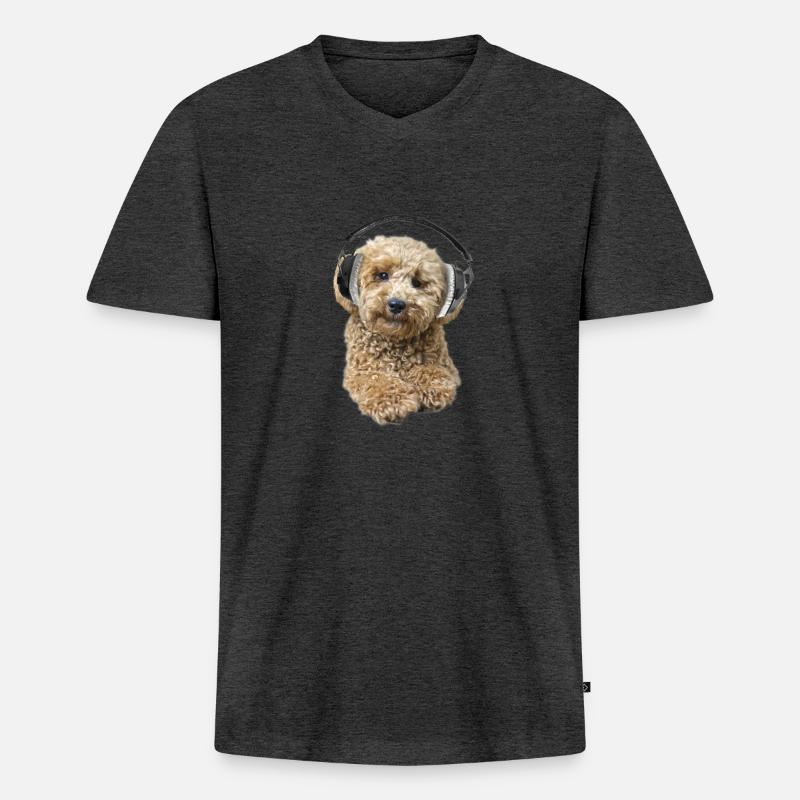 Pudel Pepe mit Kopfhörer - Männer Premium Bio T-Shirt mit V-Ausschnitt - Anthrazit meliert