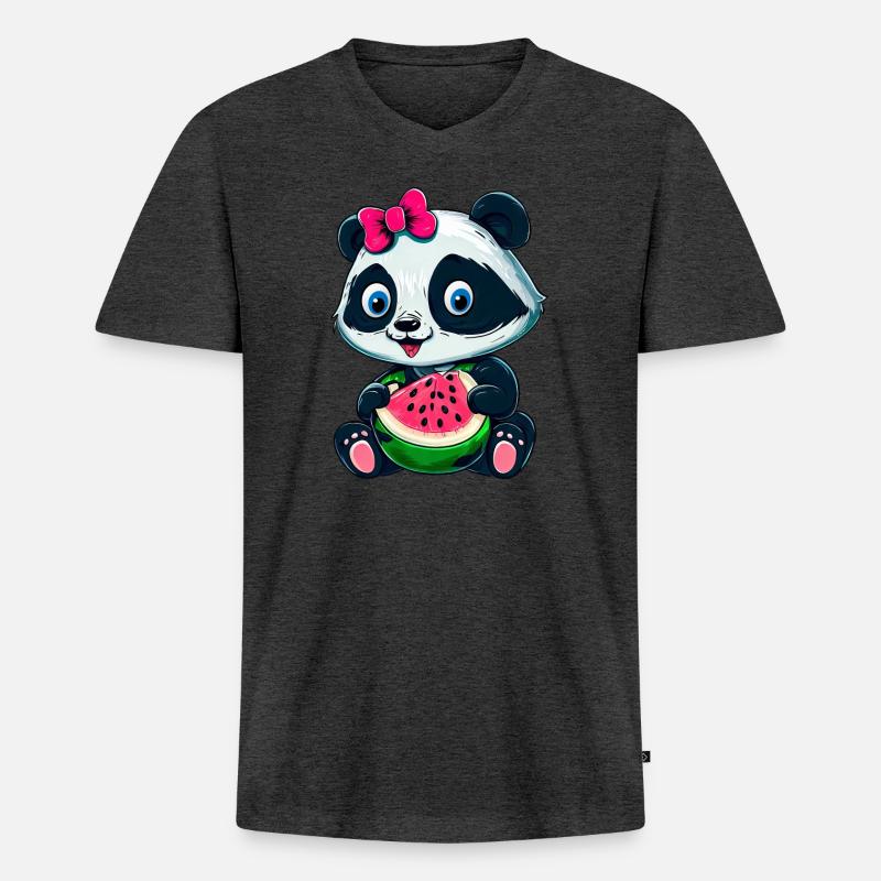 Süßes Panda-Mädchen mit Wassermelone - Männer Premium Bio T-Shirt mit V-Ausschnitt - Anthrazit meliert
