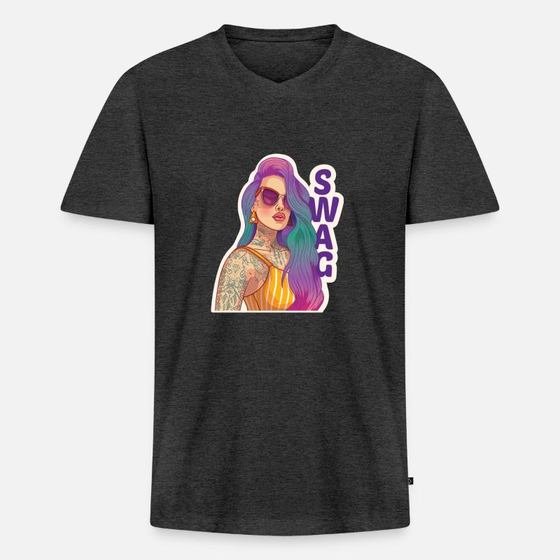 Swag Mädchen mit Piercing und Tattoo. - Männer Premium Bio T-Shirt mit V-Ausschnitt - Anthrazit meliert
