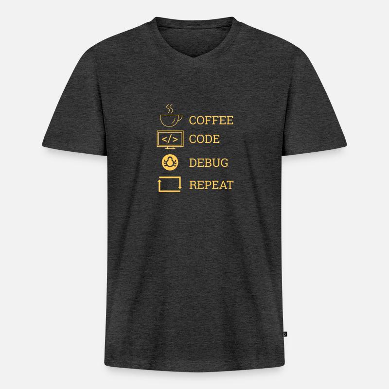 "Coffee Code Debug Repeat" | Programmierer - Männer Premium Bio T-Shirt mit V-Ausschnitt - Anthrazit meliert