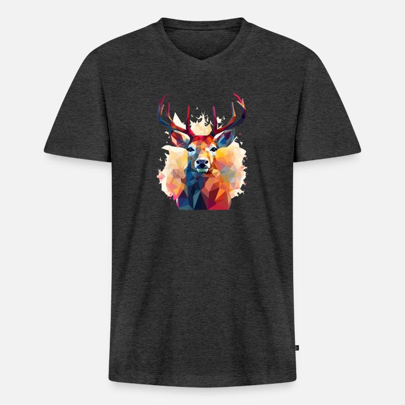 Hirschkopf im Low Polygon Stil - Männer Premium Bio T-Shirt mit V-Ausschnitt - Anthrazit meliert