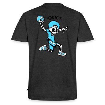 HANDBALL SÜCHTIG 100% - Männer Premium Bio T-Shirt mit V-Ausschnitt - Anthrazit meliert - Hinten - Nico (187cm)