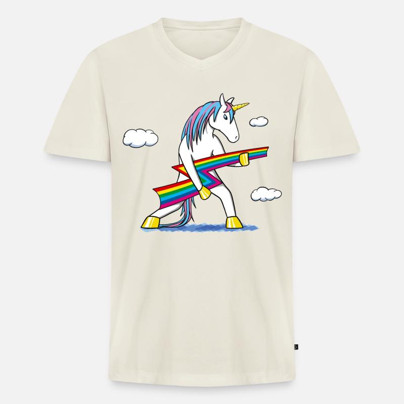 Rainbow Rock – Einhorn mit Regenbogenblitz - Männer Premium Bio T-Shirt mit V-Ausschnitt - Naturweiß