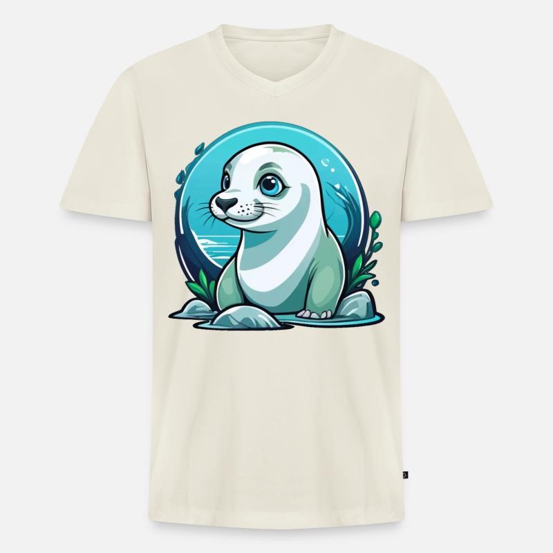Junge Robbe auf Entdeckertour - Männer Premium Bio T-Shirt mit V-Ausschnitt - Naturweiß