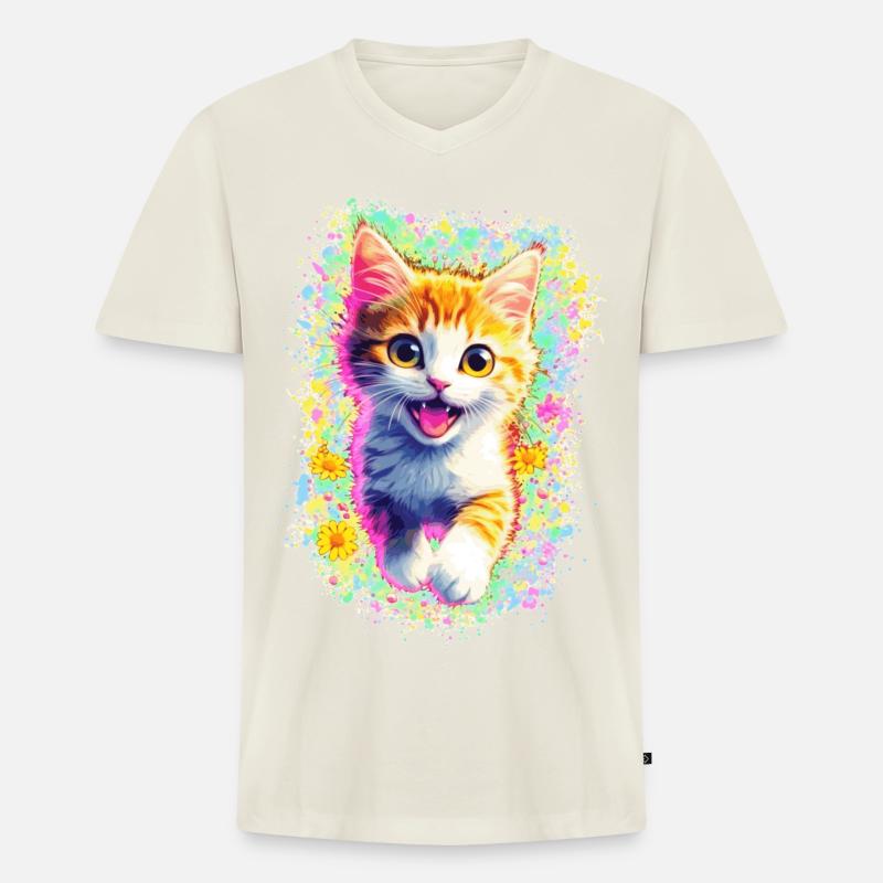 Glückliches Kätzchen 🌼🌸 - Männer Premium Bio T-Shirt mit V-Ausschnitt - Naturweiß