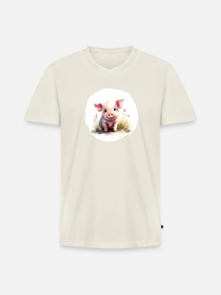 Ferkel Aquarell - Männer Premium Bio T-Shirt mit V-Ausschnitt - Naturweiß