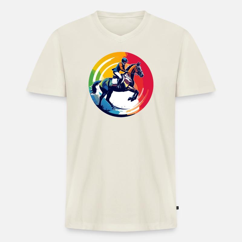 Regenbogen Springpferd Pferd Springreiten Motiv - Männer Premium Bio T-Shirt mit V-Ausschnitt - Naturweiß