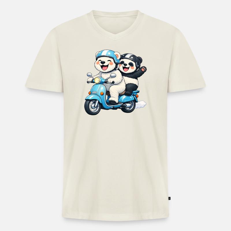 Orso Polare e Panda su uno scooter - Maglietta ecologica premium da uomo con scollo a V - bianco naturale