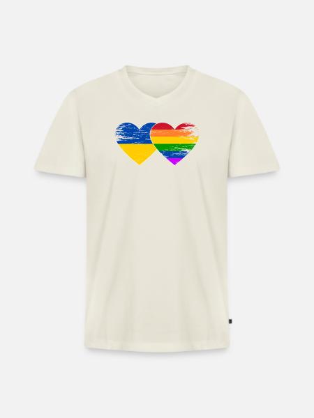 Ukraine Regenbogen Flagge Herz used - Männer Premium Bio T-Shirt mit V-Ausschnitt - Naturweiß