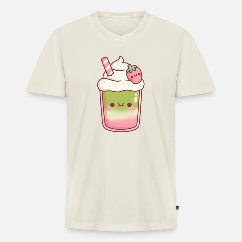 Süßer Eiskaffer Matcha Erdbeer-Latte - Männer Premium Bio T-Shirt mit V-Ausschnitt - Naturweiß