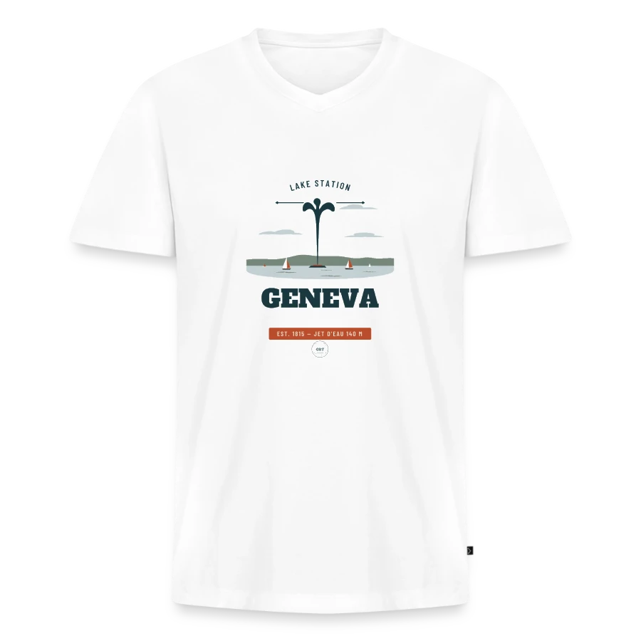 Geneva badge on a men's premium organic t-shirt with v-neck, white