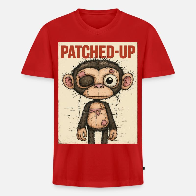 Patchwork Affe: Gepatcht und Tapfer - Männer Premium Bio T-Shirt mit V-Ausschnitt - Rot