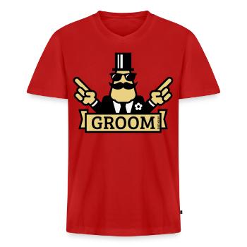 Pointing Groom (Stag Night / Bachelor Party / 3C) - Men's Premium Organic T-shirt with V-neck - red - Front - Nico (187cm)