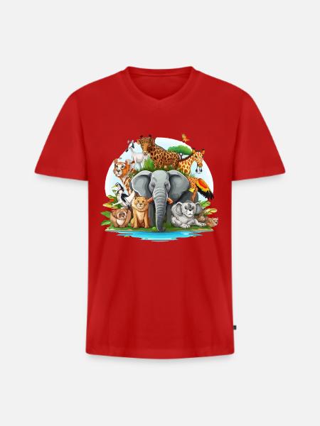 Bunte Tierfamilie im Dschungel - Männer Premium Bio T-Shirt mit V-Ausschnitt - Rot