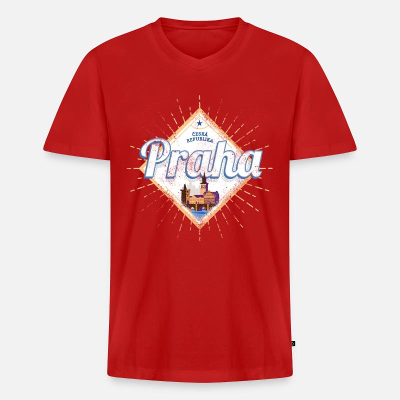 Praga con skyline capitale della Repubblica Ceca - Maglietta ecologica premium da uomo con scollo a V - rosso