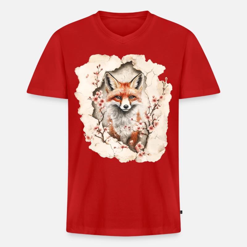 Fuchs mit Kirschblüten - Männer Premium Bio T-Shirt mit V-Ausschnitt - Rot