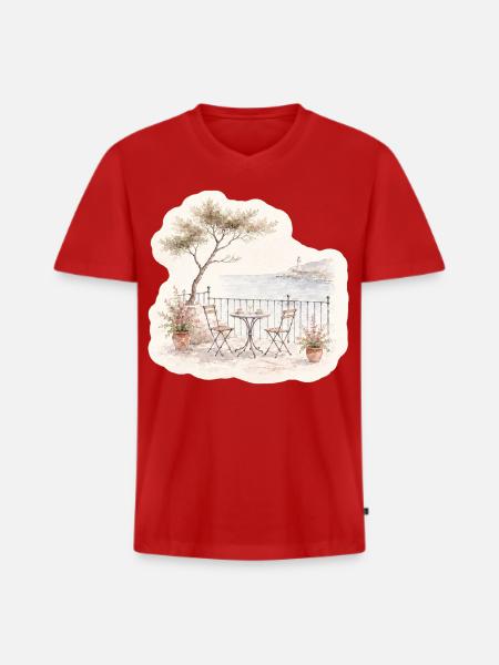 Balkonblick – Bistro über dem Meer - Männer Premium Bio T-Shirt mit V-Ausschnitt - Rot