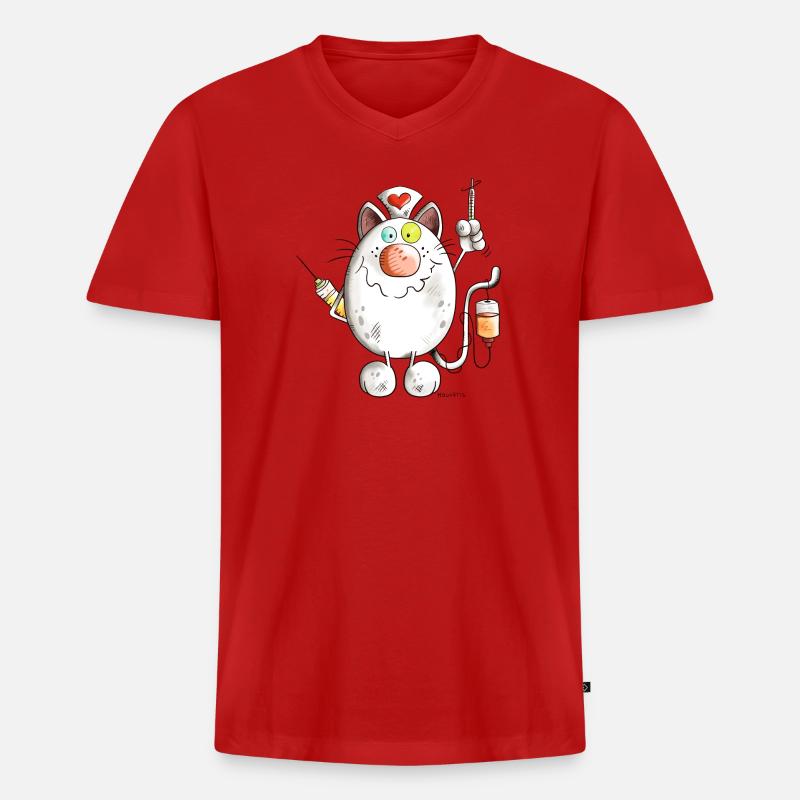 Krankenschwester Katze mit Herz - Comic - Männer Premium Bio T-Shirt mit V-Ausschnitt - Rot
