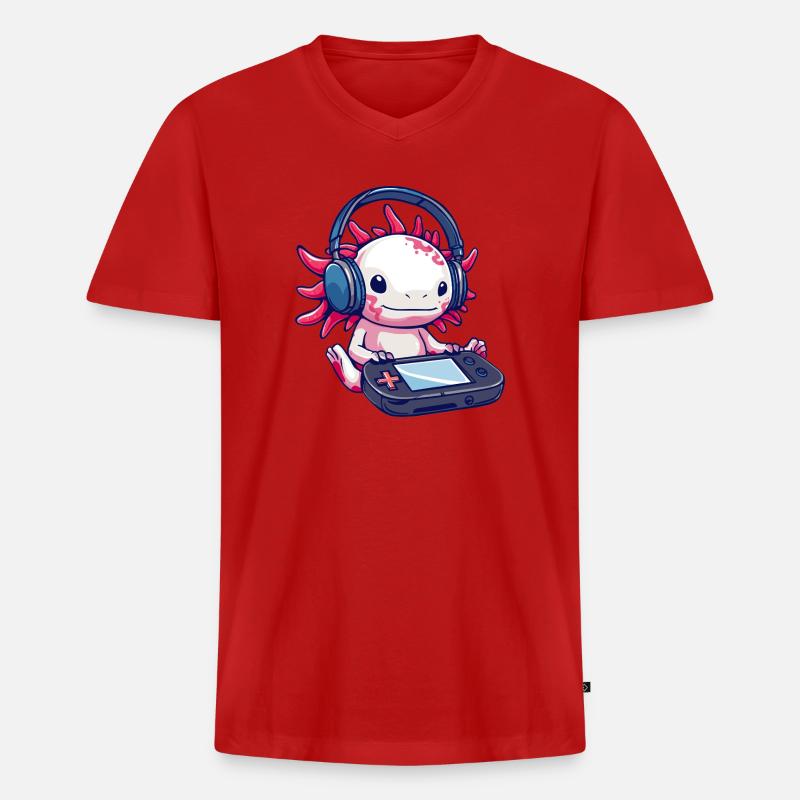 Axolotl mit Kopfhörern und Gaming-Controller - Männer Premium Bio T-Shirt mit V-Ausschnitt - Rot