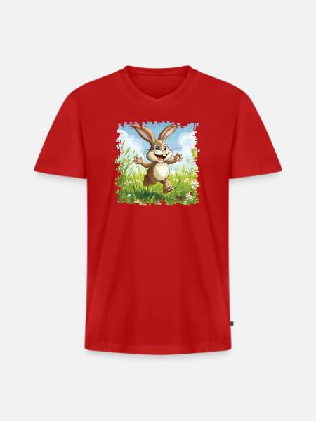 Cheerful bunny in spring meadow - Men's Premium Organic T-shirt with V-neck - red