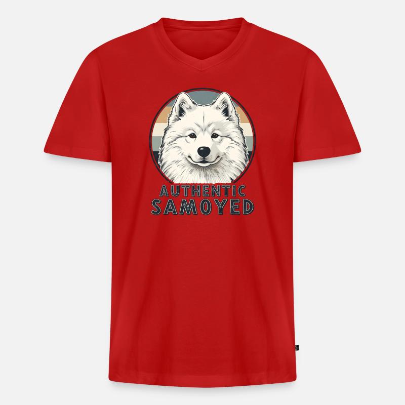 Authentic Samoyed Lächeln Retro Hund - Männer Premium Bio T-Shirt mit V-Ausschnitt - Rot