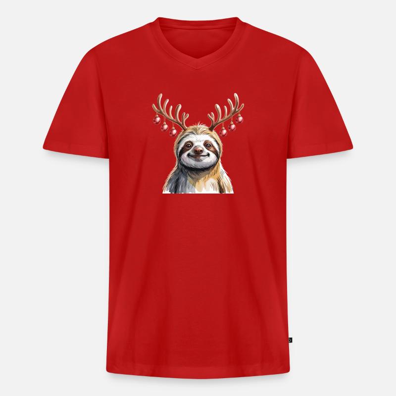 Faultier Mit Rentiergeweih Und Weihnachtskugeln - Männer Premium Bio T-Shirt mit V-Ausschnitt - Rot