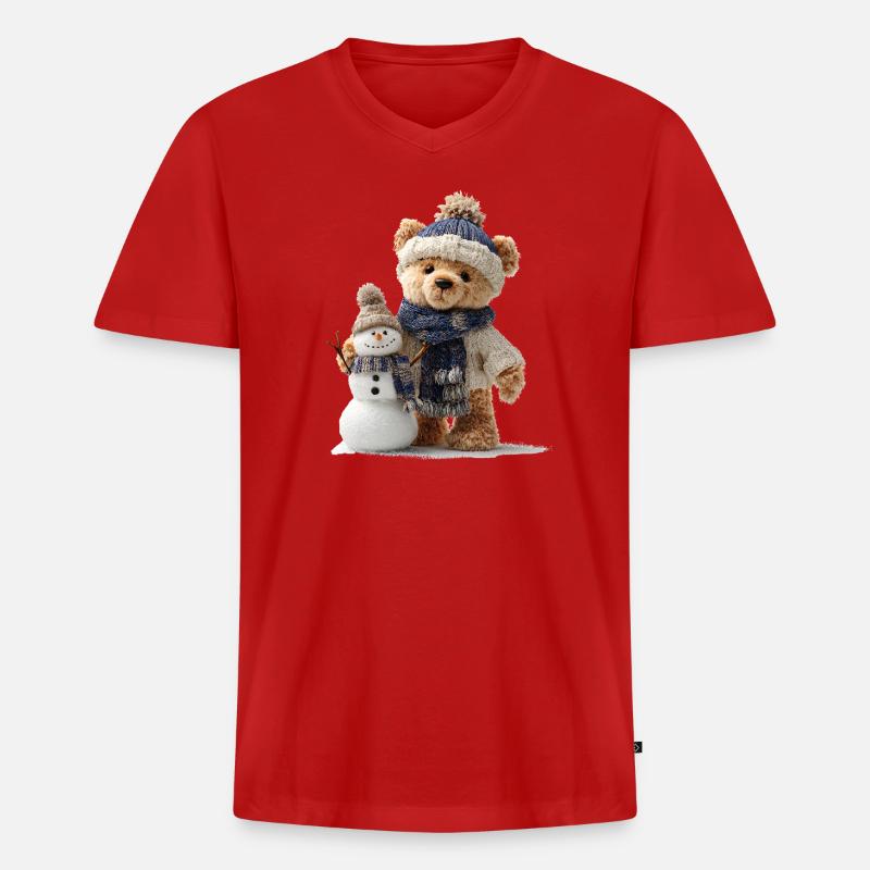 Teddybär baut einen Schneemann - Männer Premium Bio T-Shirt mit V-Ausschnitt - Rot