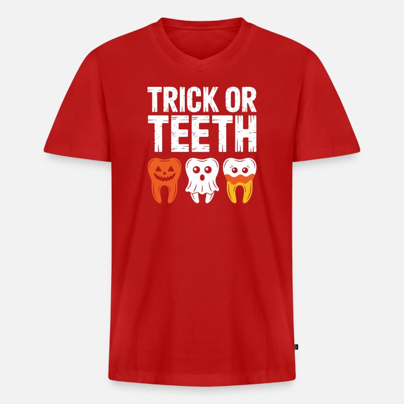 Trick oder Teeth Halloween-T-Shirt - Männer Premium Bio T-Shirt mit V-Ausschnitt - Rot