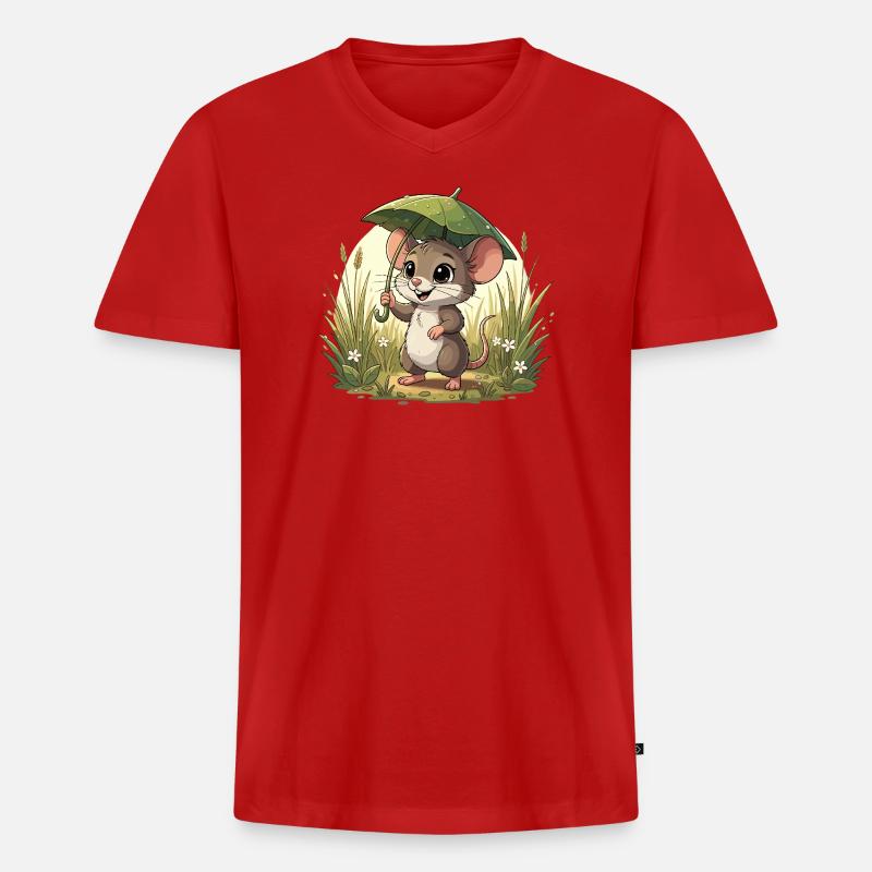 Kleines Mäuschen mit Schirm im Gras - Männer Premium Bio T-Shirt mit V-Ausschnitt - Rot