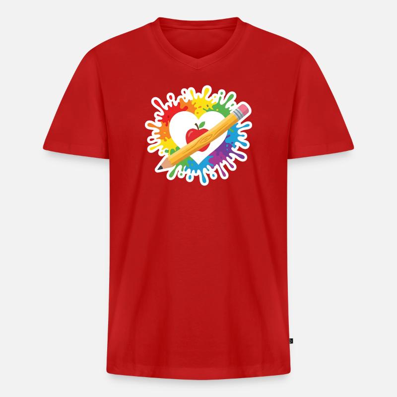 Lehrer Herz Regenbogen Apfel Buntstift Schule - Männer Premium Bio T-Shirt mit V-Ausschnitt - Rot