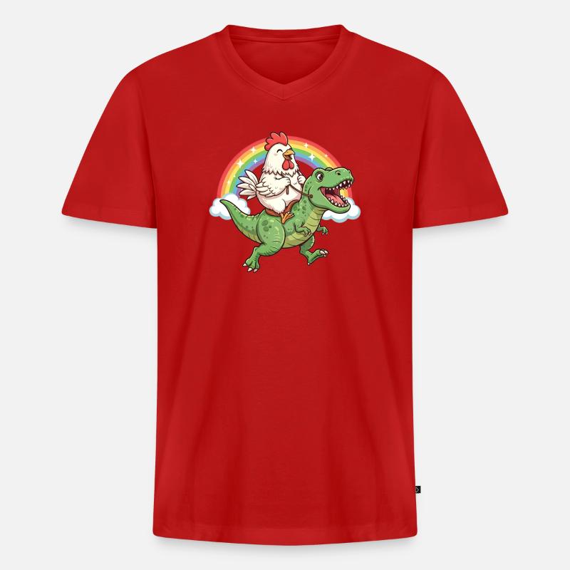 Huhn Reitender T-Rex Dinosaurier Regenbogen - Männer Premium Bio T-Shirt mit V-Ausschnitt - Rot