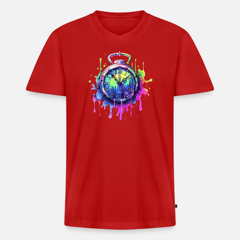 Bunte Uhr mit Farbspritzern - Männer Premium Bio T-Shirt mit V-Ausschnitt - Rot