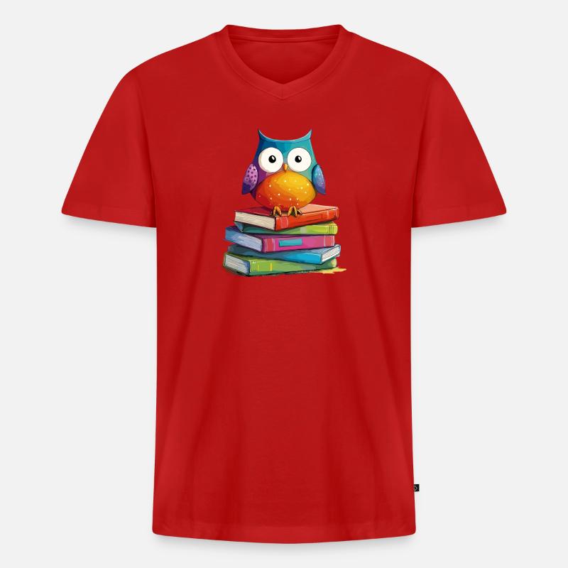 Bücherstapel Eule - Männer Premium Bio T-Shirt mit V-Ausschnitt - Rot