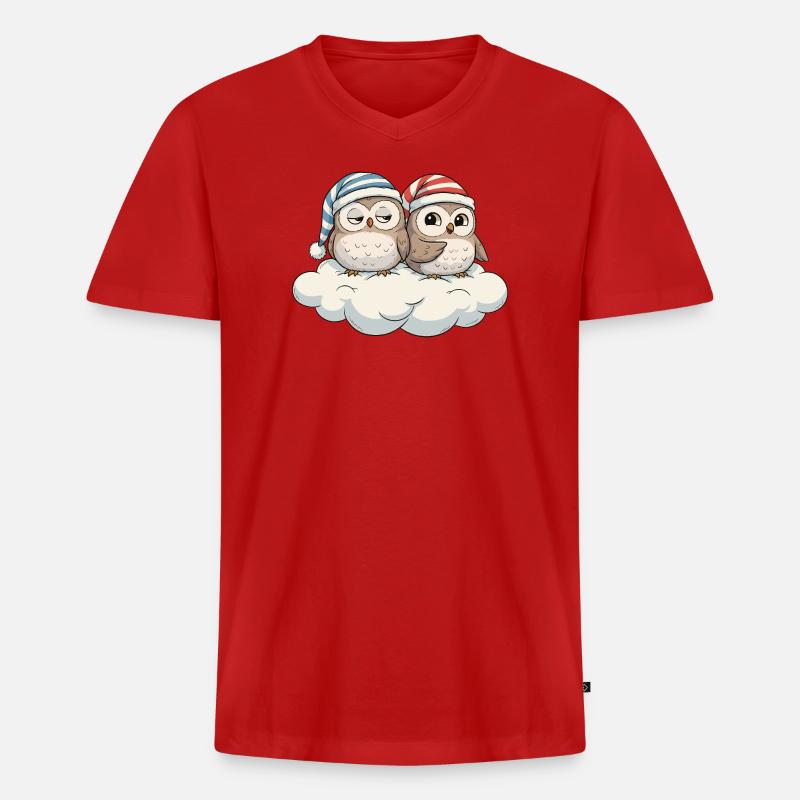 Wolkenduo Eulen mit Zipfelmützen - Männer Premium Bio T-Shirt mit V-Ausschnitt - Rot