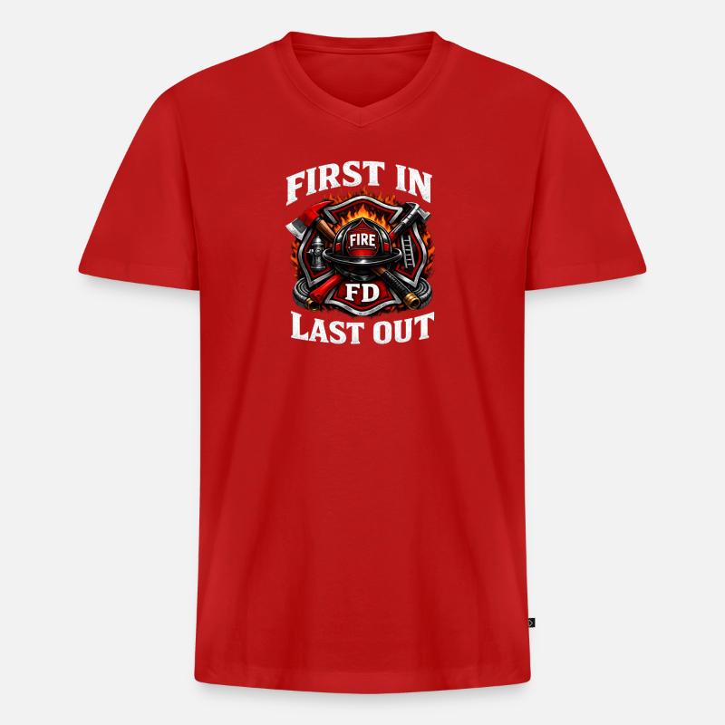First In Fire Dept Last Out - Männer Premium Bio T-Shirt mit V-Ausschnitt - Rot