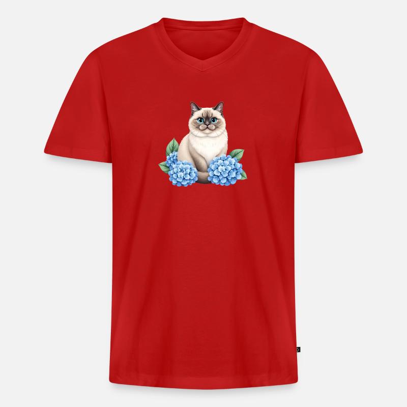 Cute Ragdoll Cat with Blue Hydrangeas - Männer Premium Bio T-Shirt mit V-Ausschnitt - Rot