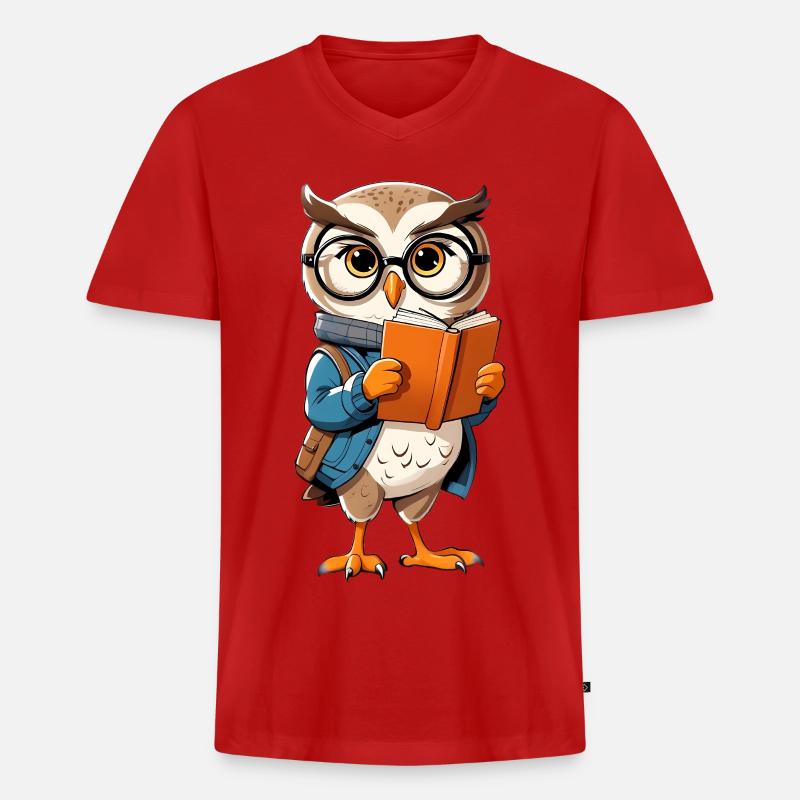 Lernende Eule mit Brille liest Buch - Männer Premium Bio T-Shirt mit V-Ausschnitt - Rot