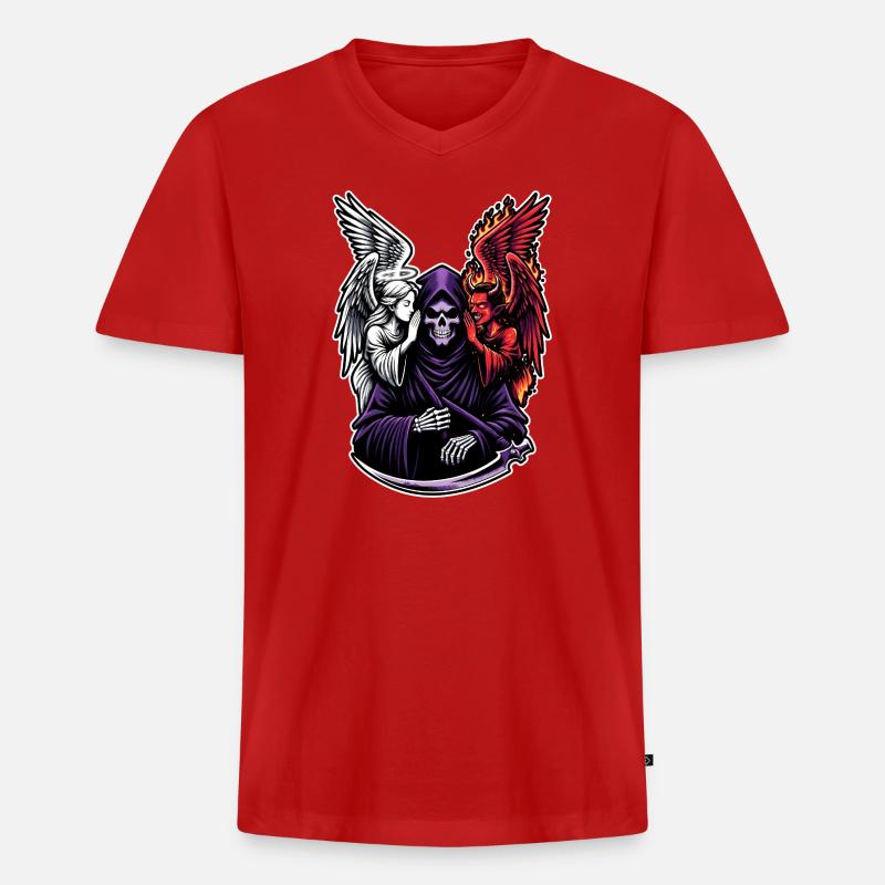 Sensenmann mit Engel und Dämon - Männer Premium Bio T-Shirt mit V-Ausschnitt - Rot