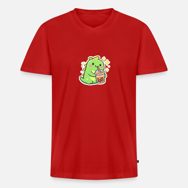 Süßer Dino mit Bubble Tea - Männer Premium Bio T-Shirt mit V-Ausschnitt - Rot