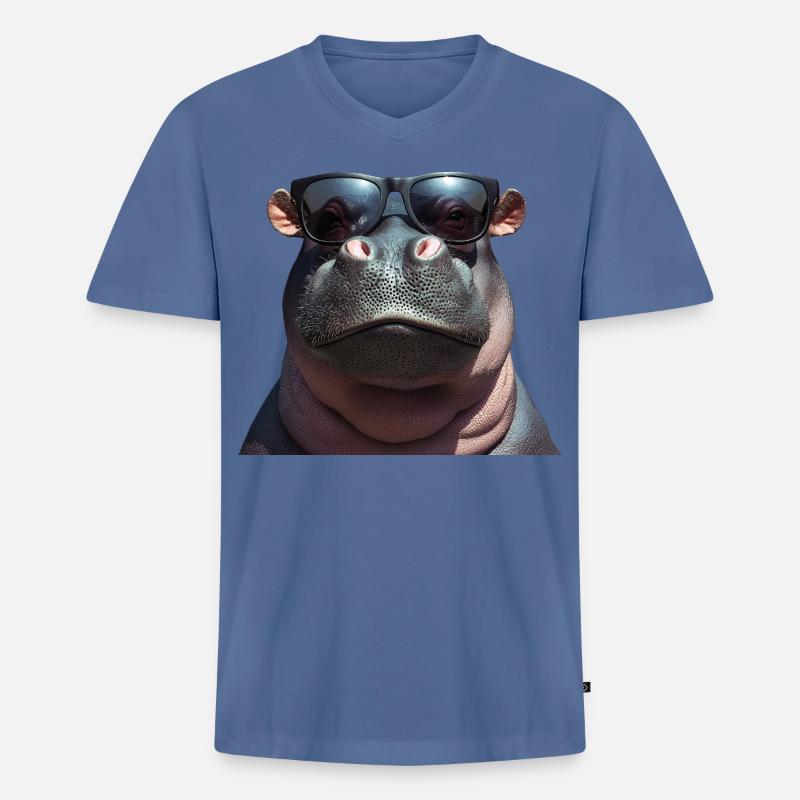 Nilpferd Flusspferd Hippo mit Sonnenbrille - Männer Premium Bio T-Shirt mit V-Ausschnitt - Taubenblau