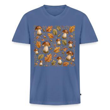 Pilze Steinpilz Muster Herbst Wald Botanisch Natur - Männer Premium Bio T-Shirt mit V-Ausschnitt - Taubenblau - Vorne - Nico (187cm)