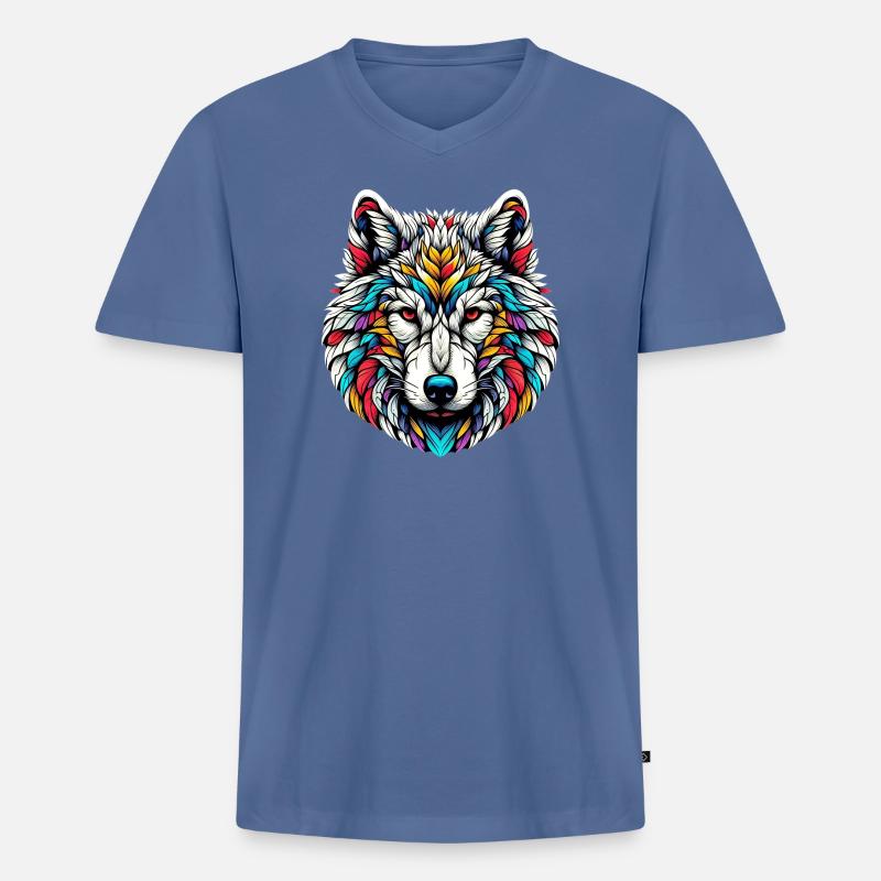 Wolf - Männer Premium Bio T-Shirt mit V-Ausschnitt - Taubenblau