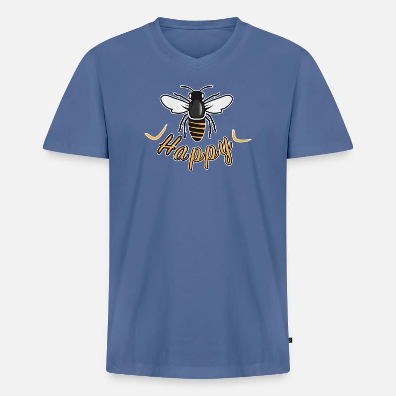 Abeille heureuse avec l’inscription « Happy » - T-shirt encolure en V Premium bio Homme - bleu pigeon