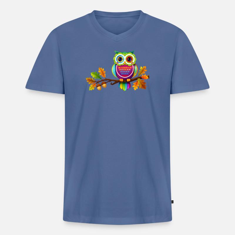 Bunte Eule auf Ast mit Herbstblättern - Männer Premium Bio T-Shirt mit V-Ausschnitt - Taubenblau