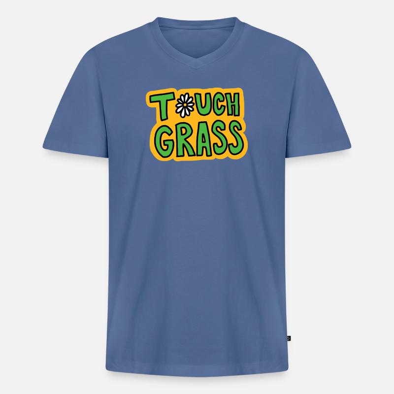 Retro "Touch Grass" Gänseblümchen - Männer Premium Bio T-Shirt mit V-Ausschnitt - Taubenblau
