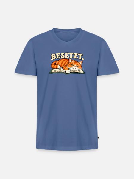 Besetzt – Katze auf Buch - Männer Premium Bio T-Shirt mit V-Ausschnitt - Taubenblau