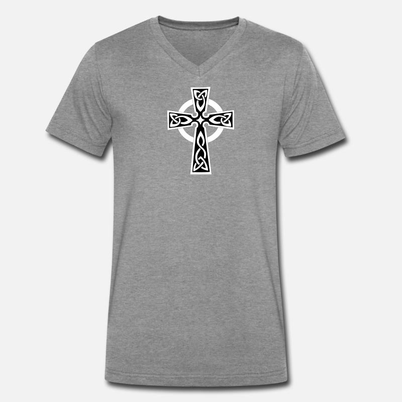 Keltisches oder Keltisches Kreuz weiß - Männer Premium Bio T-Shirt mit V-Ausschnitt - Dunkelgrau meliert
