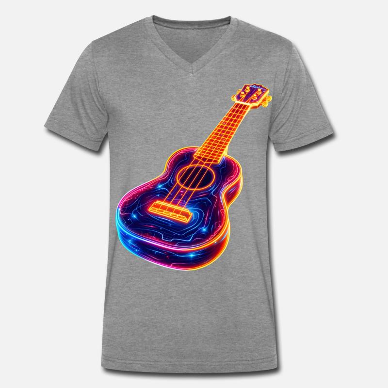 Ukulele Synthwave - Männer Premium Bio T-Shirt mit V-Ausschnitt - Dunkelgrau meliert